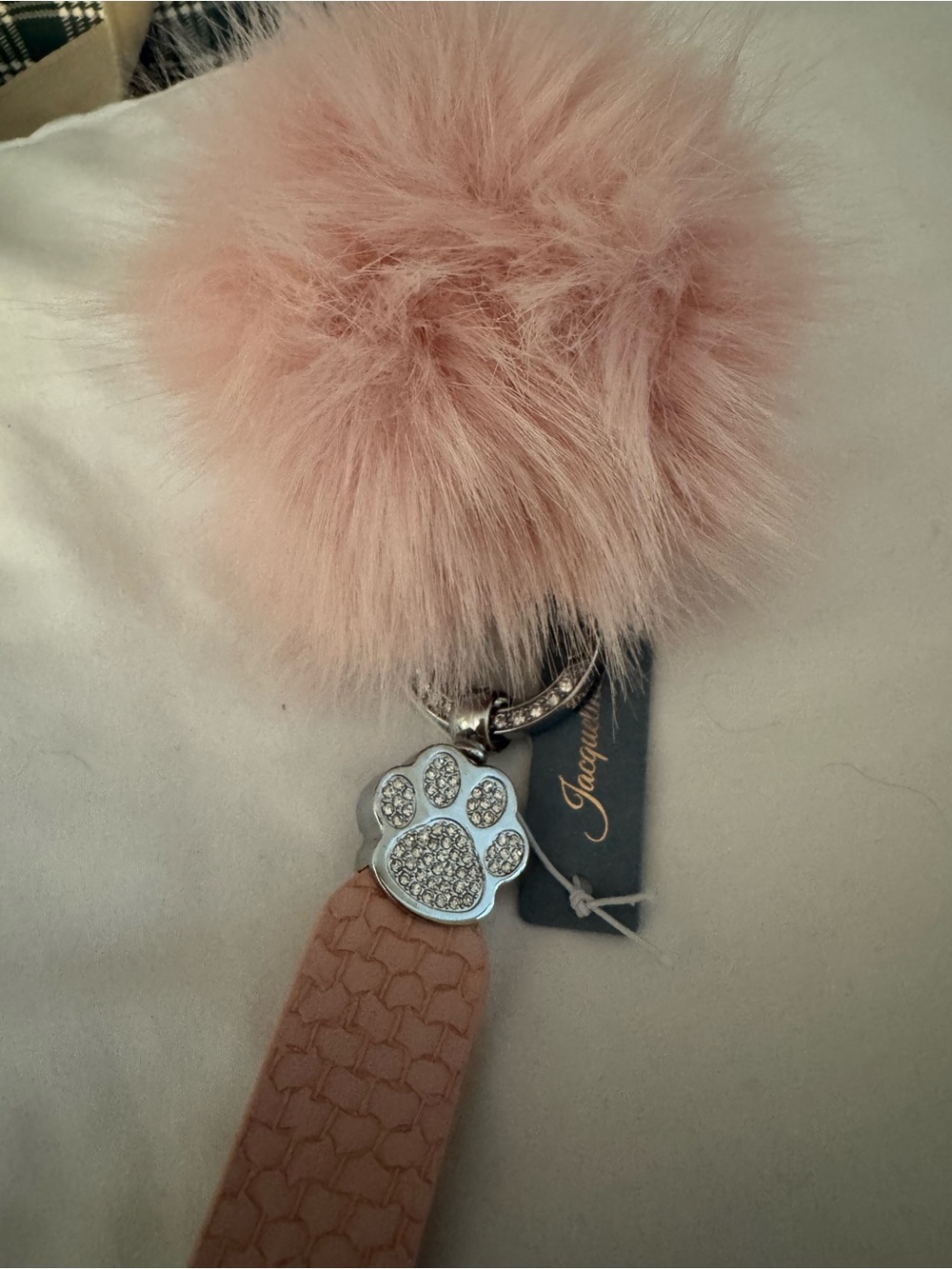 Glamour Blush Pink Fur Pom-Pom Keychain with Crystal Paw Charm